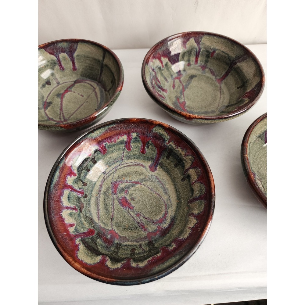 Tim Frain Collins Lane Art Pottery Moss Red Bowls Set of 3 Signed+1 Damaged Bowl